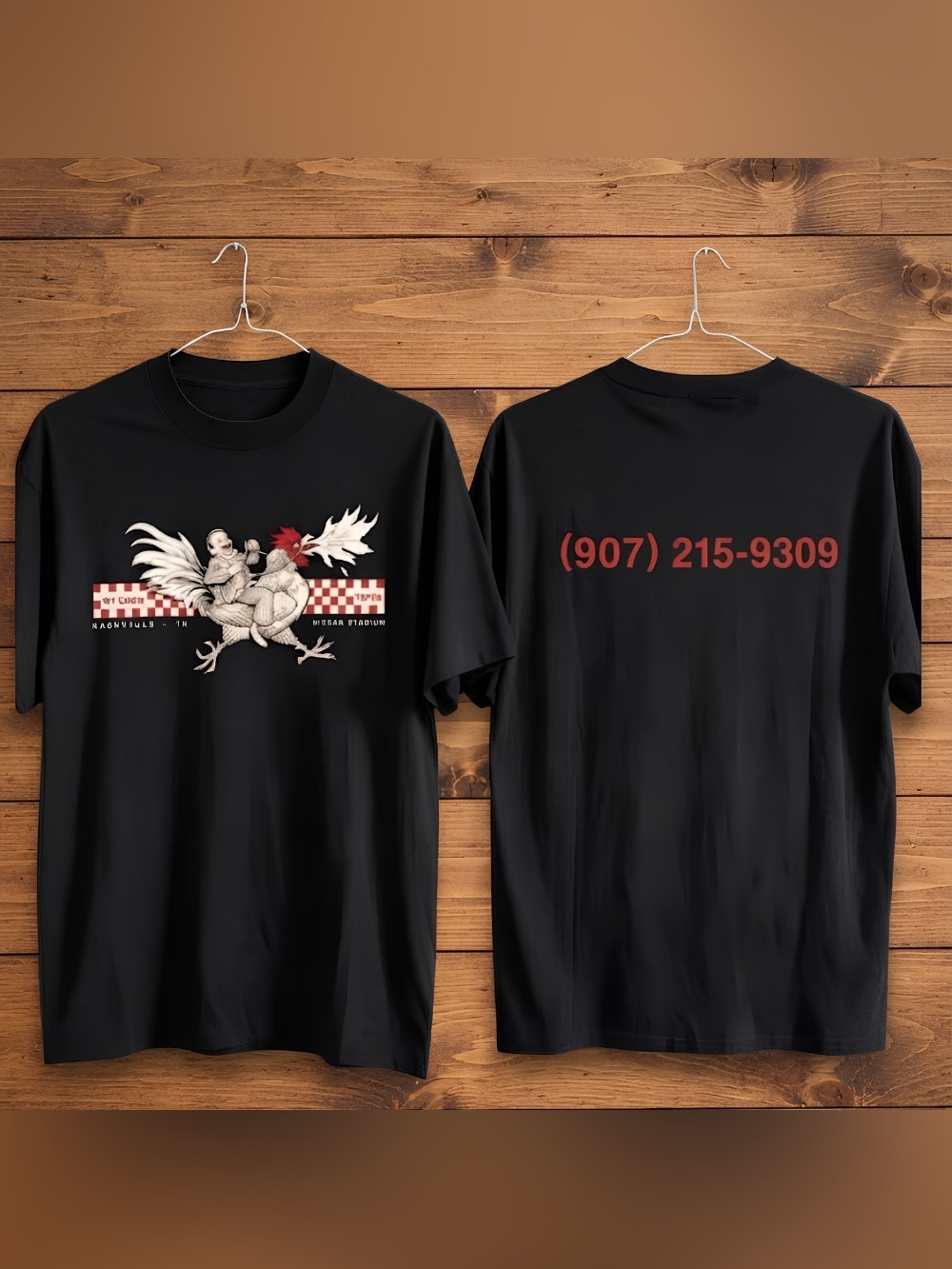 Rooster Chicken Riding Phoenix Racing Checkered Flag Vintage Black T-Shirt